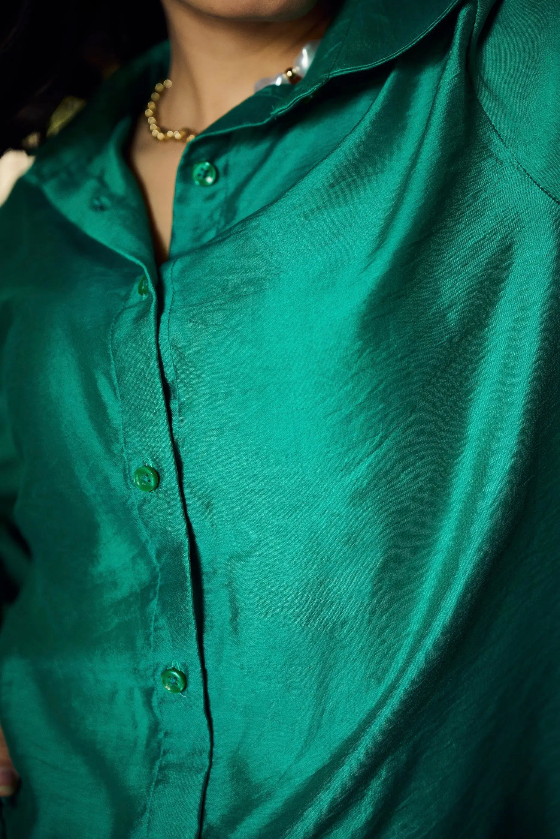 Closeup View of Dark Green Chanderi Shirt Fabric