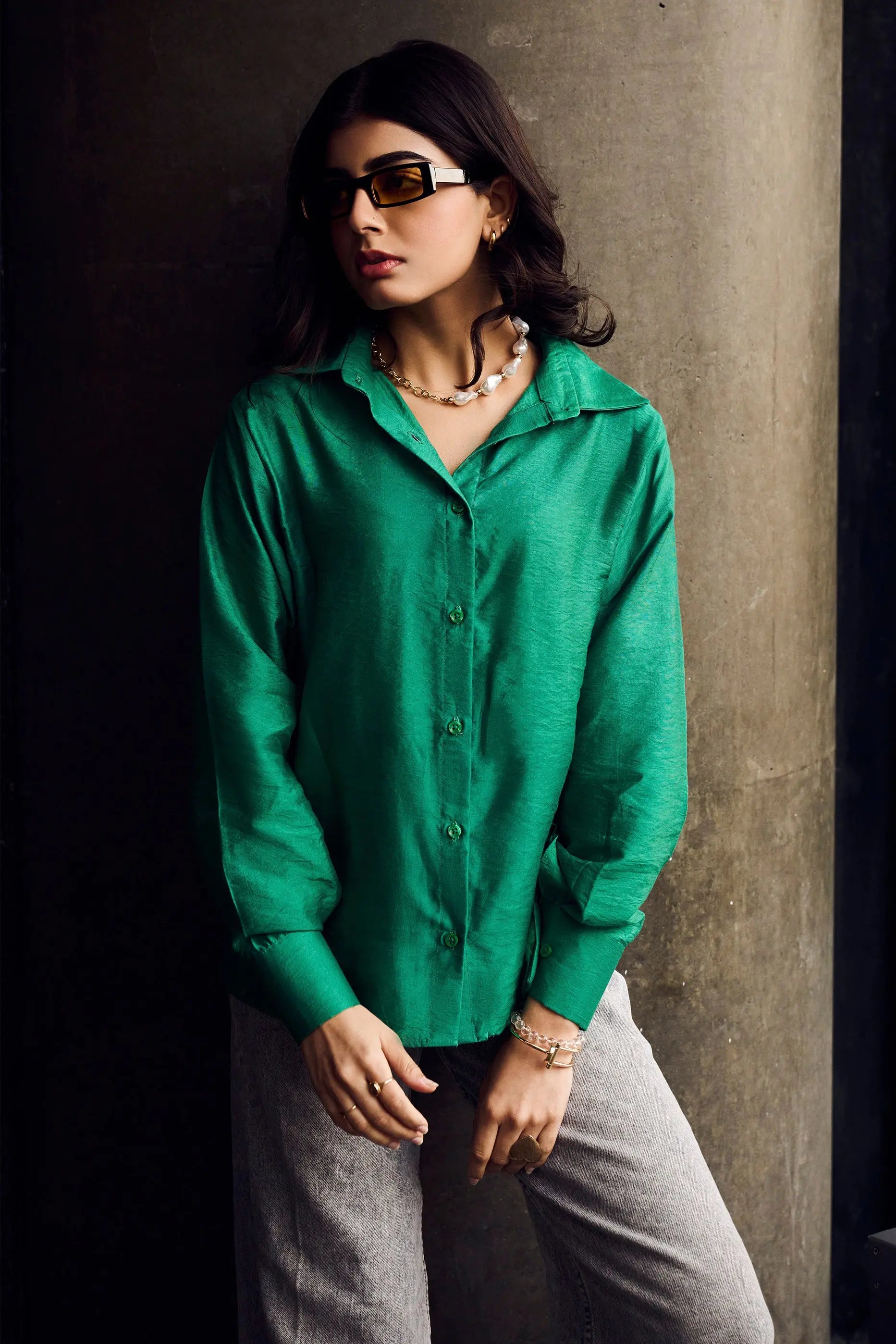 Dark Green Regular Fit Chanderi Shirt for Women