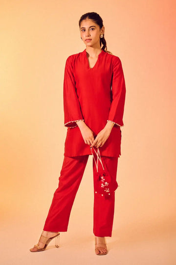Deep Crimson Red Embroidered Co-ord Set with Mandarin Collar - The House of Indu