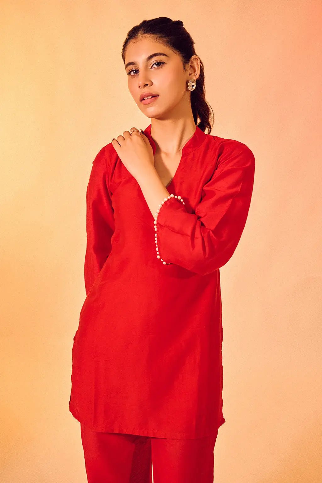 Deep Crimson Red Embroidered Co-ord Set with Mandarin Collar - The House of Indu