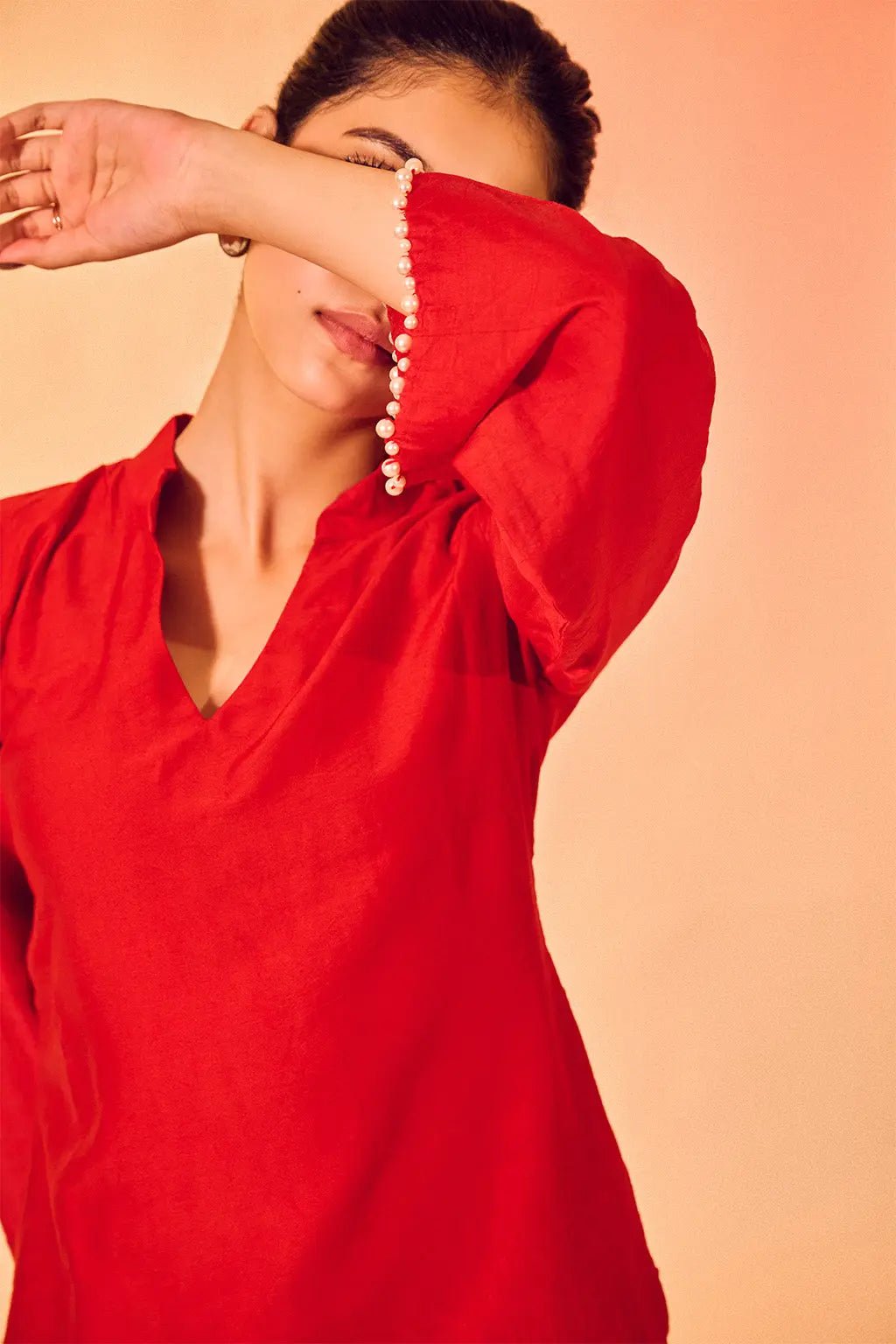 Deep Crimson Red Embroidered Co-ord Set with Mandarin Collar - The House of Indu