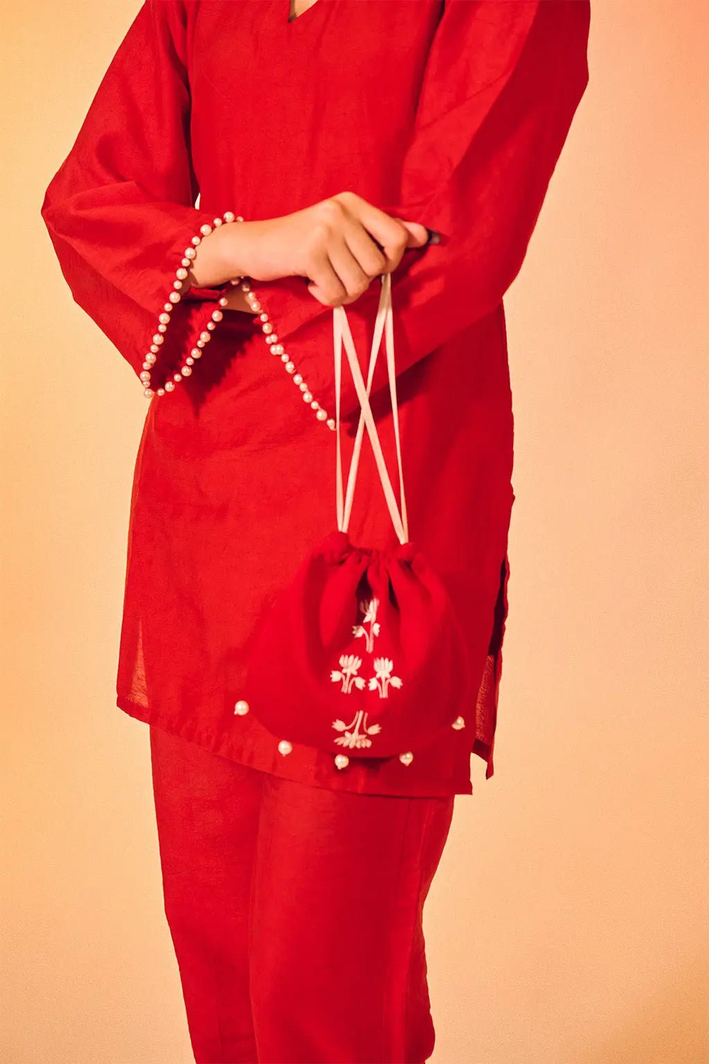 Deep Crimson Red Embroidered Co-ord Set with Mandarin Collar - The House of Indu