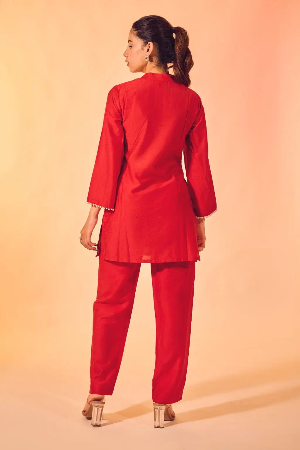 Deep Crimson Red Embroidered Co-ord Set with Mandarin Collar - The House of Indu