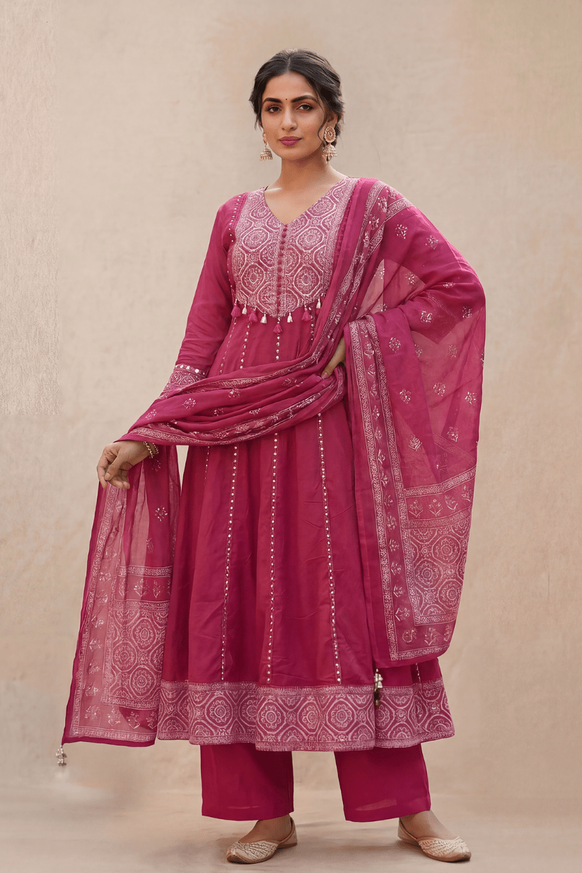 Deep Rose Pink Embroidered Anarkali Kurta Set with Dupatta - The House of Indu