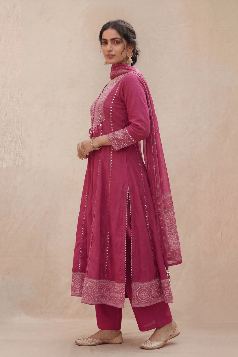 Deep Rose Pink Embroidered Anarkali Kurta Set with Dupatta - The House of Indu