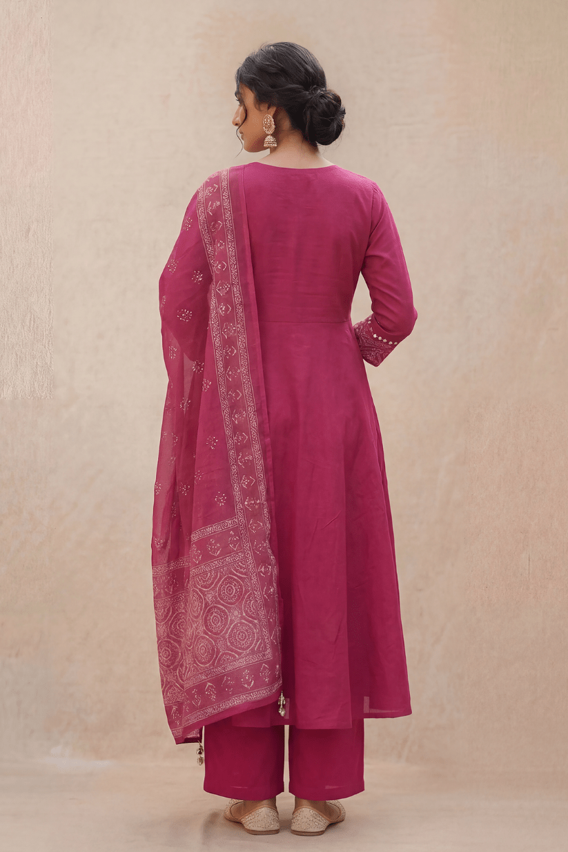 Deep Rose Pink Embroidered Anarkali Kurta Set with Dupatta - The House of Indu