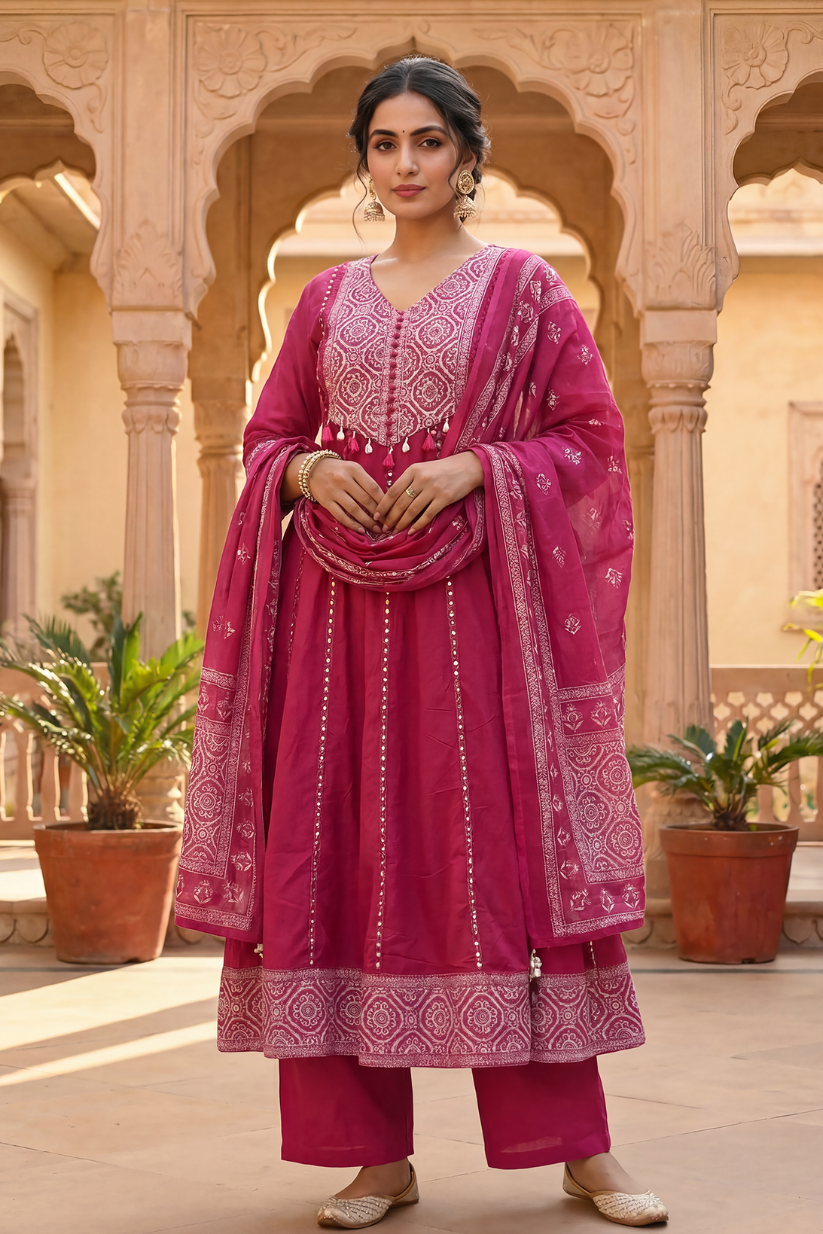 Deep rose pink embroidered Anarkali kurta set with matching dupatta and pants for festive ethnic wear women