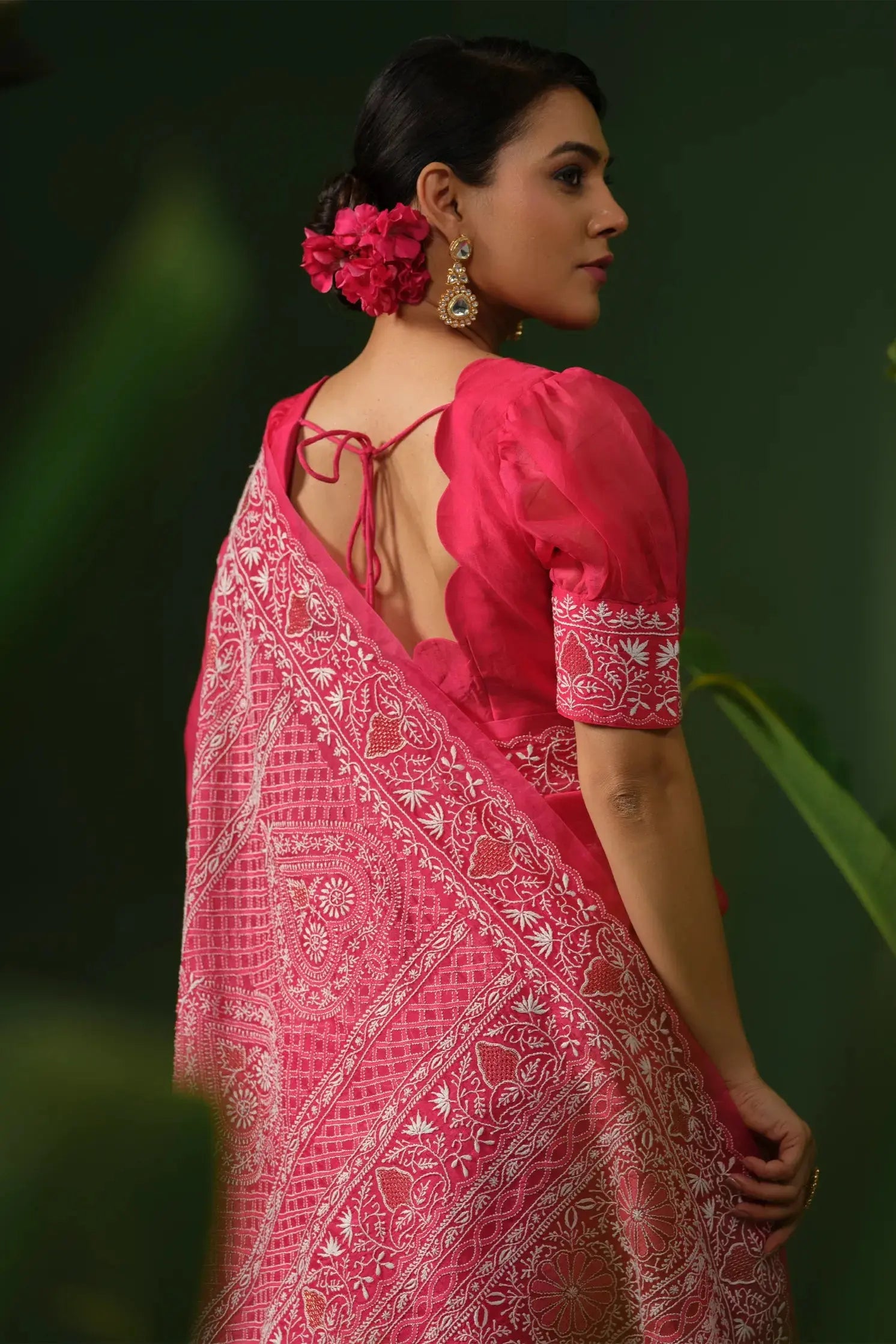 Designer rani pink embroidered saree for women