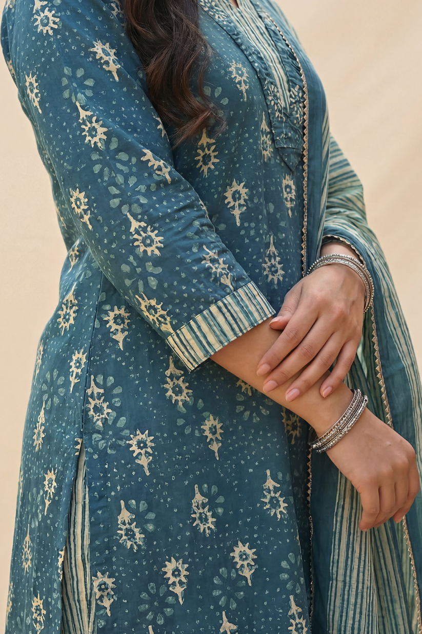 Close up of dusty blue printed kurta sleeve with ethnic detailing for women