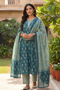 Dusty Blue Printed Kurta Pant Set with Dupatta for Women - The House of Indu