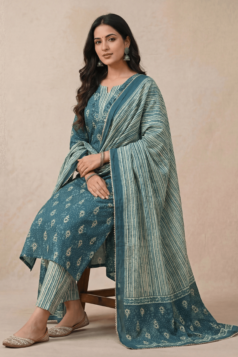 Dusty Blue Printed Kurta Pant Set with Dupatta for Women - The House of Indu
