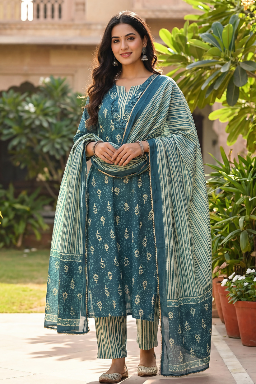 Woman wearing dusty blue printed kurta pant set with dupatta for ethnic festive wear