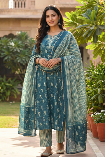 Woman wearing dusty blue printed kurta pant set with dupatta for ethnic festive wear