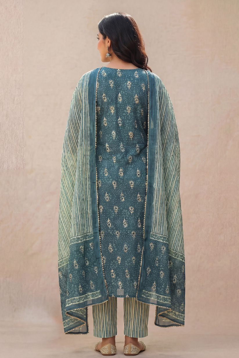 Back view of dusty blue printed kurta pant set with dupatta for women ethnic wear