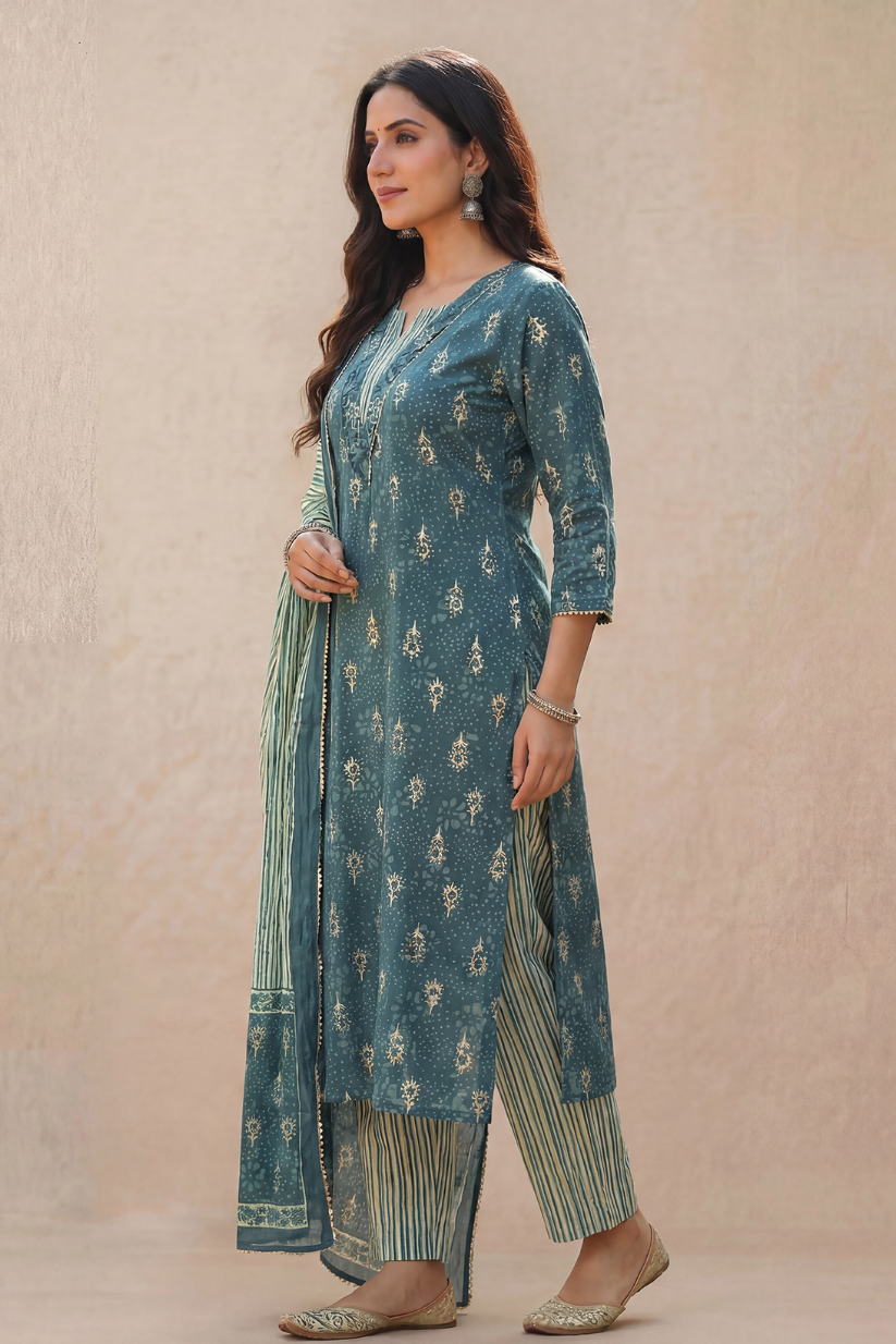 Woman wearing dusty blue printed kurta pant set with dupatta in ethnic festive style