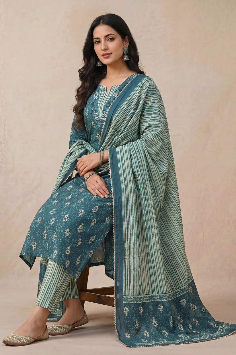 Woman wearing dusty blue printed kurta pant set with dupatta in festive ethnic style