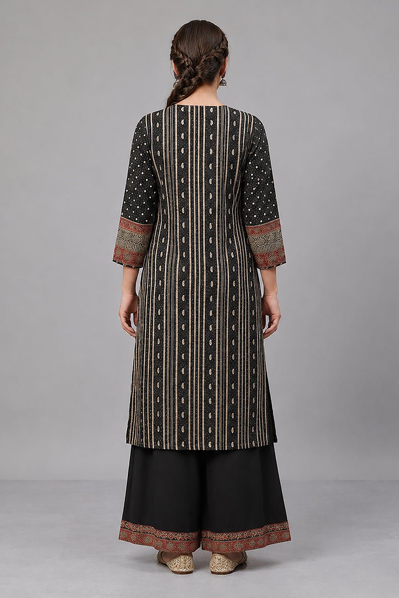 Elegant Black Ethnic Printed Kurta Palazzo Set for Women - The House of Indu