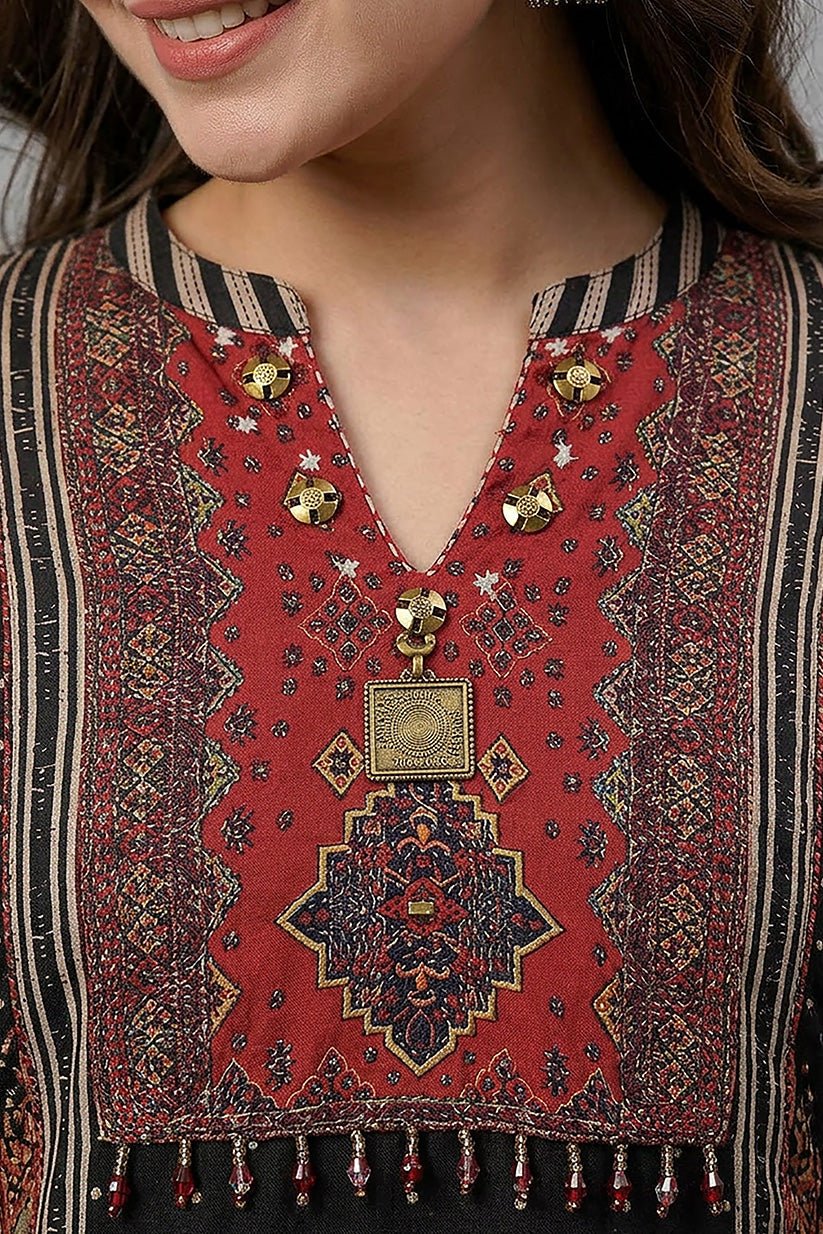 Elegant Black Ethnic Printed Kurta Palazzo Set for Women - The House of Indu