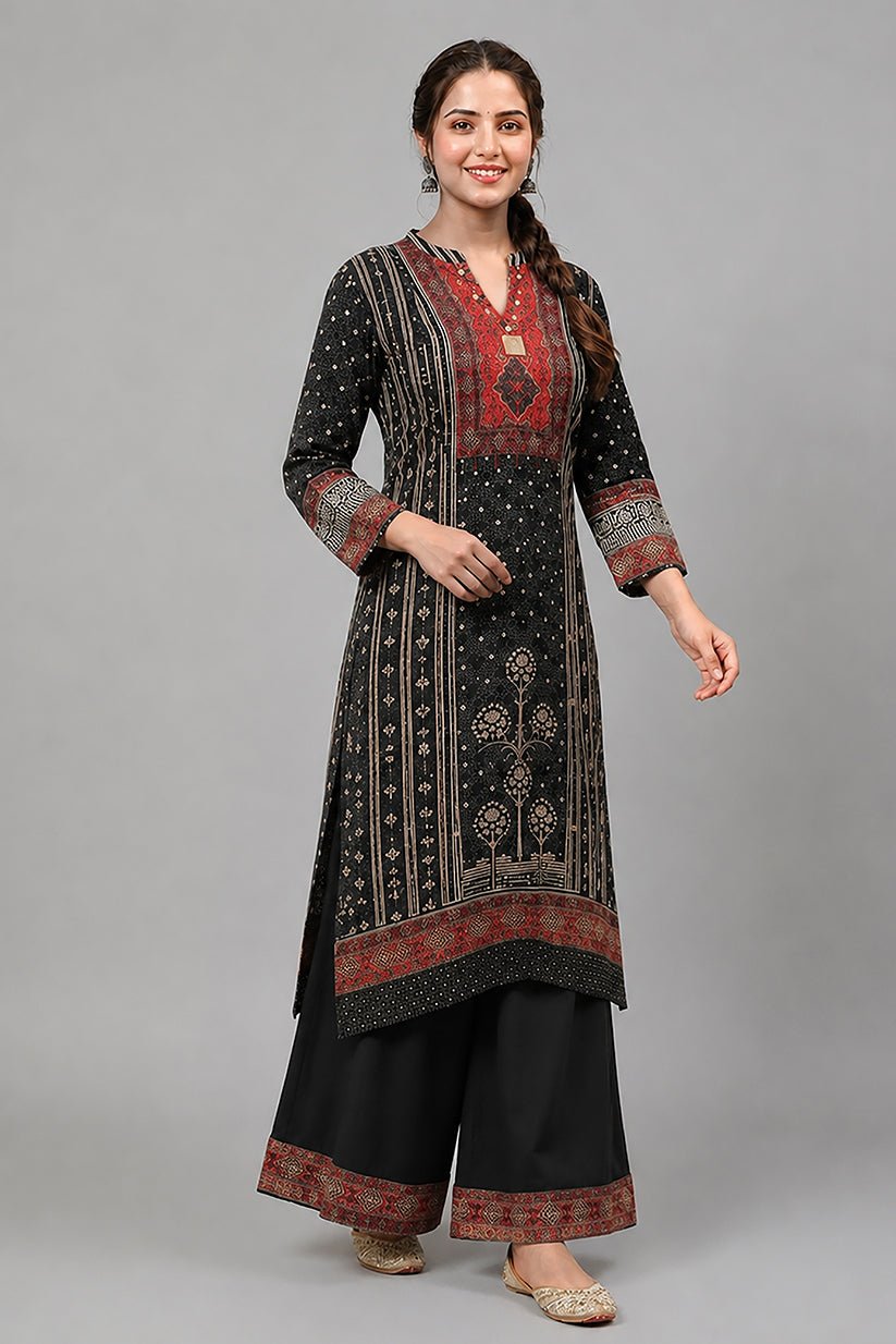 Elegant Black Ethnic Printed Kurta Palazzo Set for Women - The House of Indu
