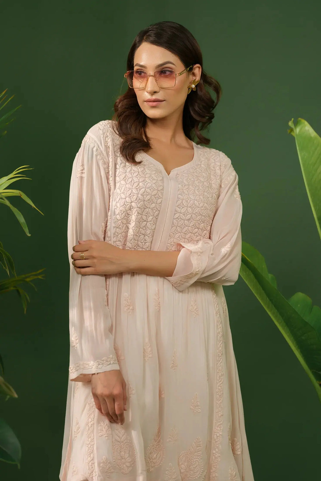 Women georgette chikankari kurti front view with elegant embroidery