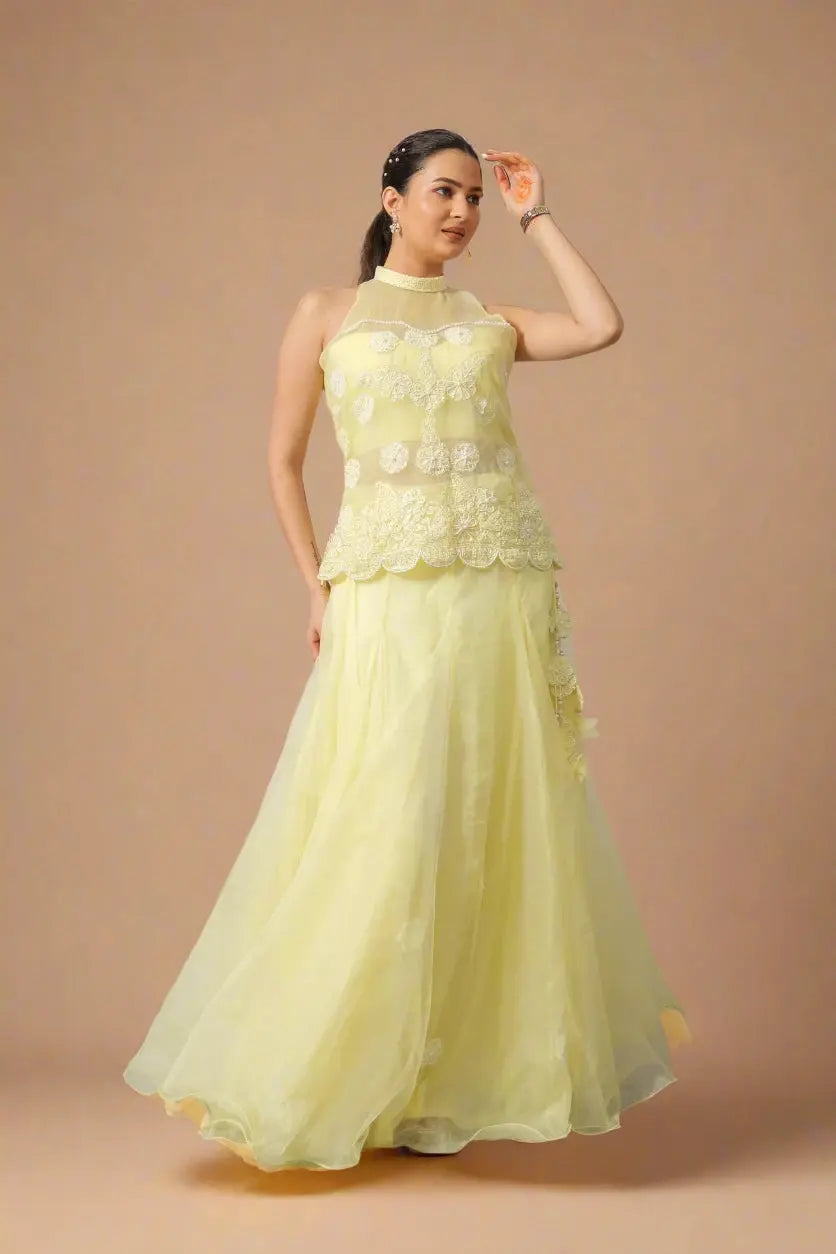Elegant lemon yellow embroidered top and organza skirt set