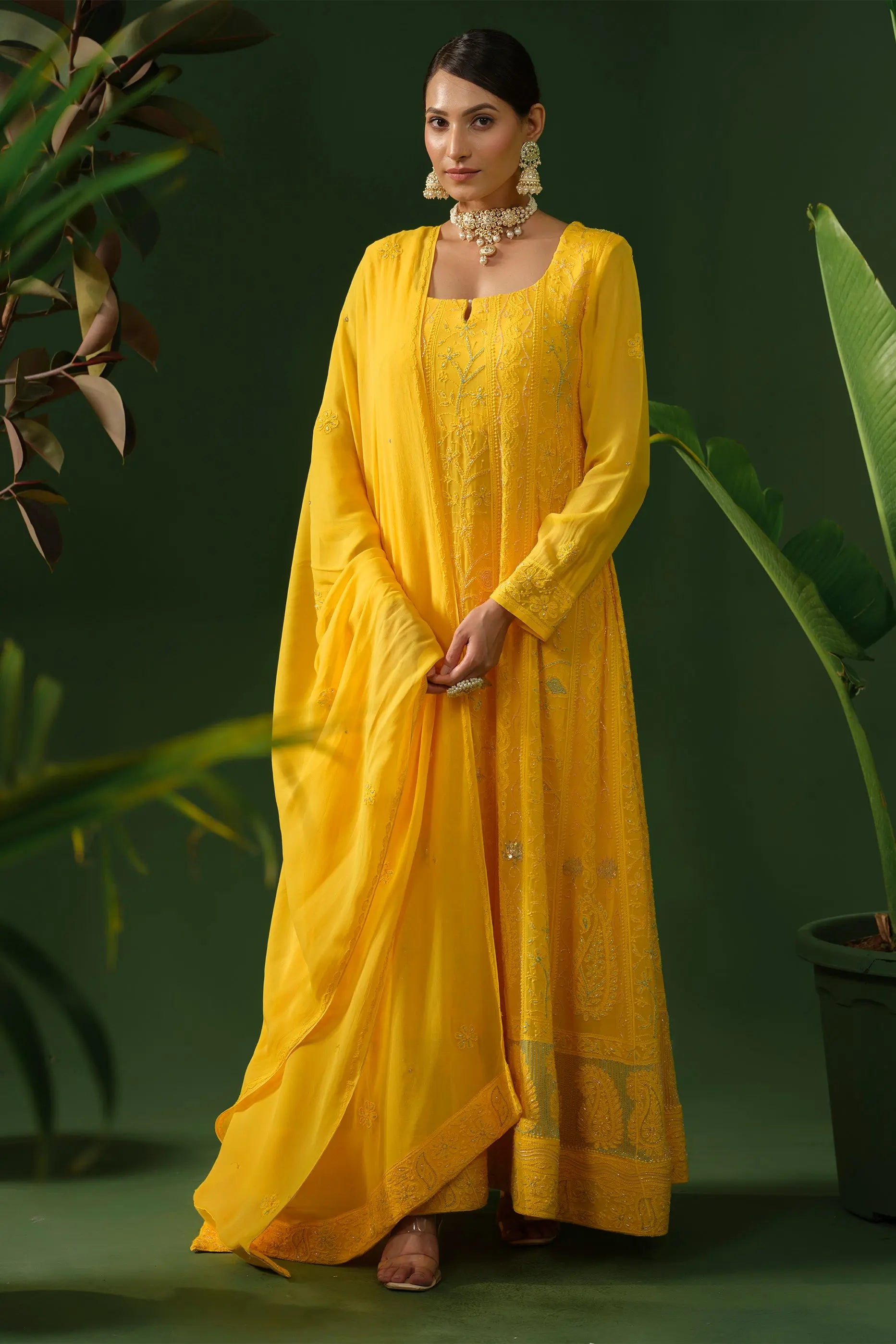 Elegant yellow georgette Anarkali set for festive occasions