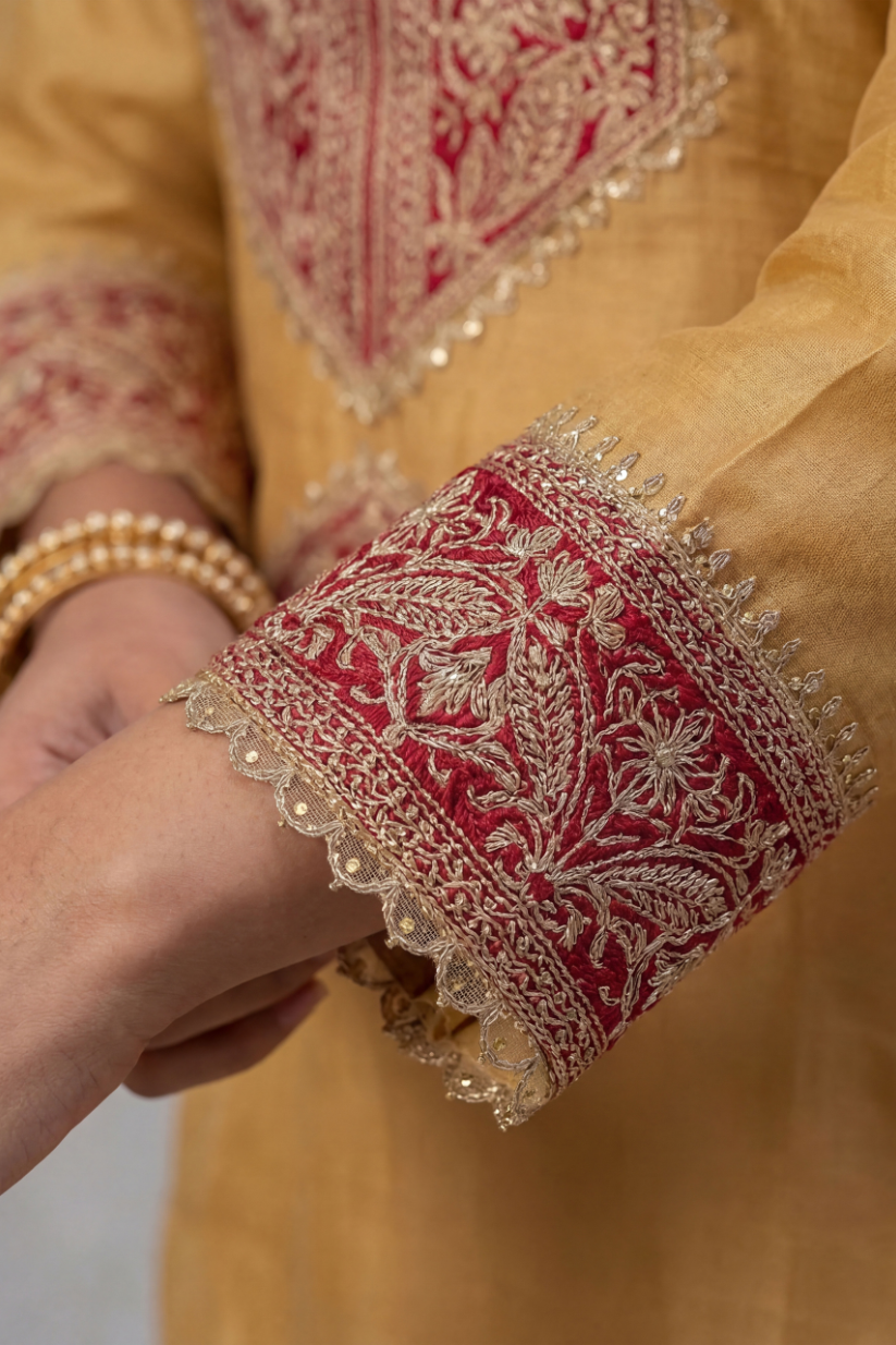 Embroidered sleeve detailing on mustard festive kurta