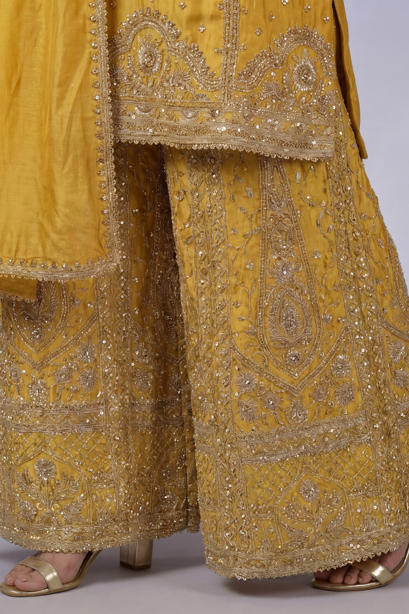 Detailed embroidery design of mustard yellow sharara set for women