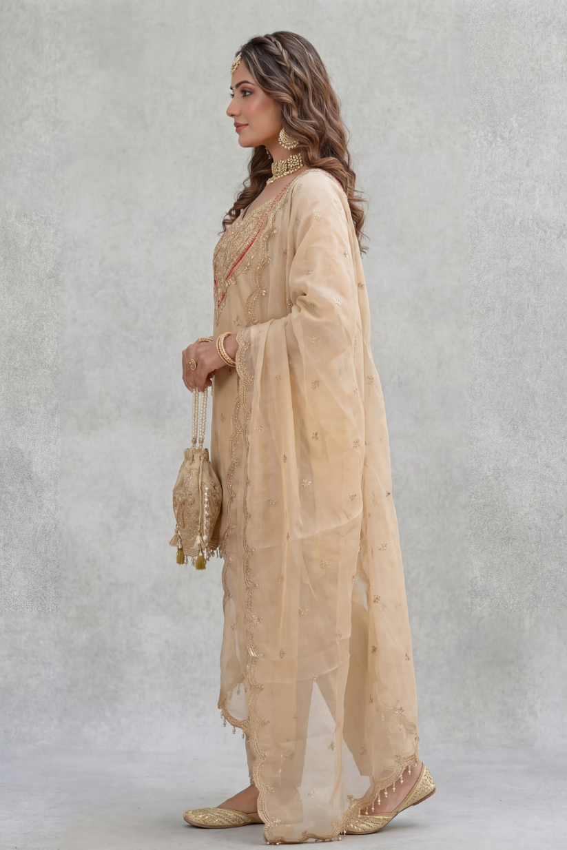 Full festive look of beige kurta pant set with dupatta