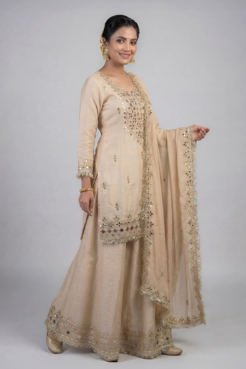Full festive look of beige kurta palazzo set with dupatta
