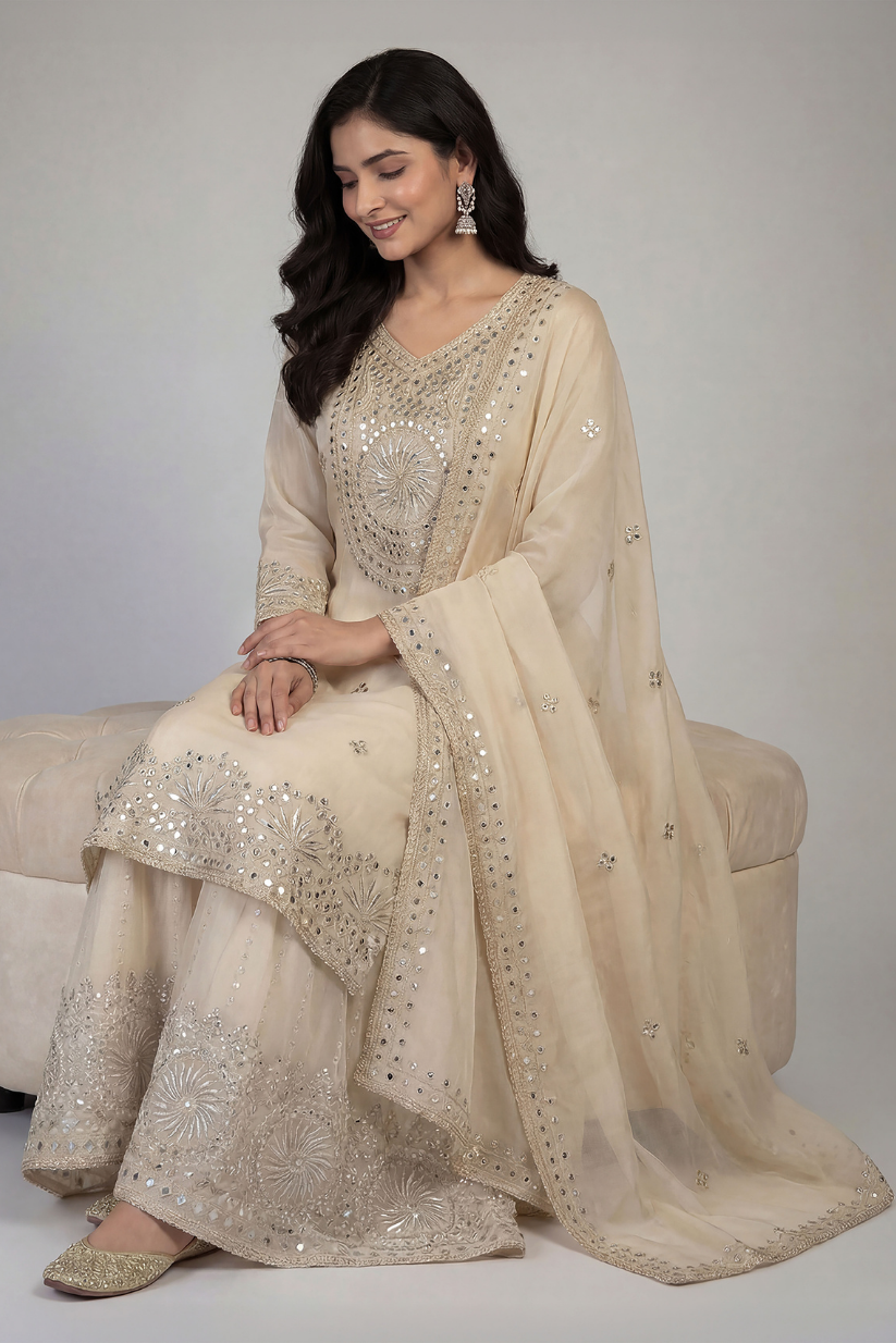 Full festive look of cream kurta palazzo set with dupatta