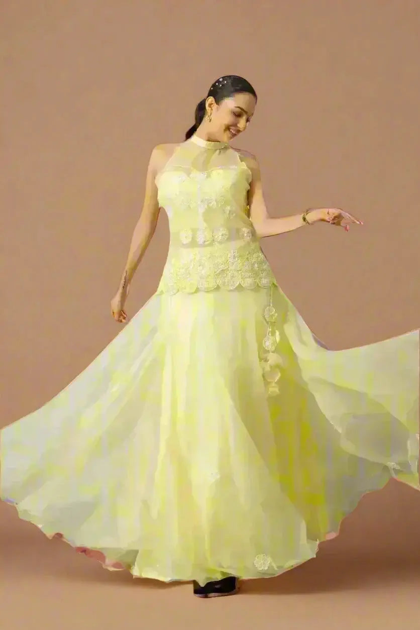 Festive styling of lemon yellow organza skirt set for women