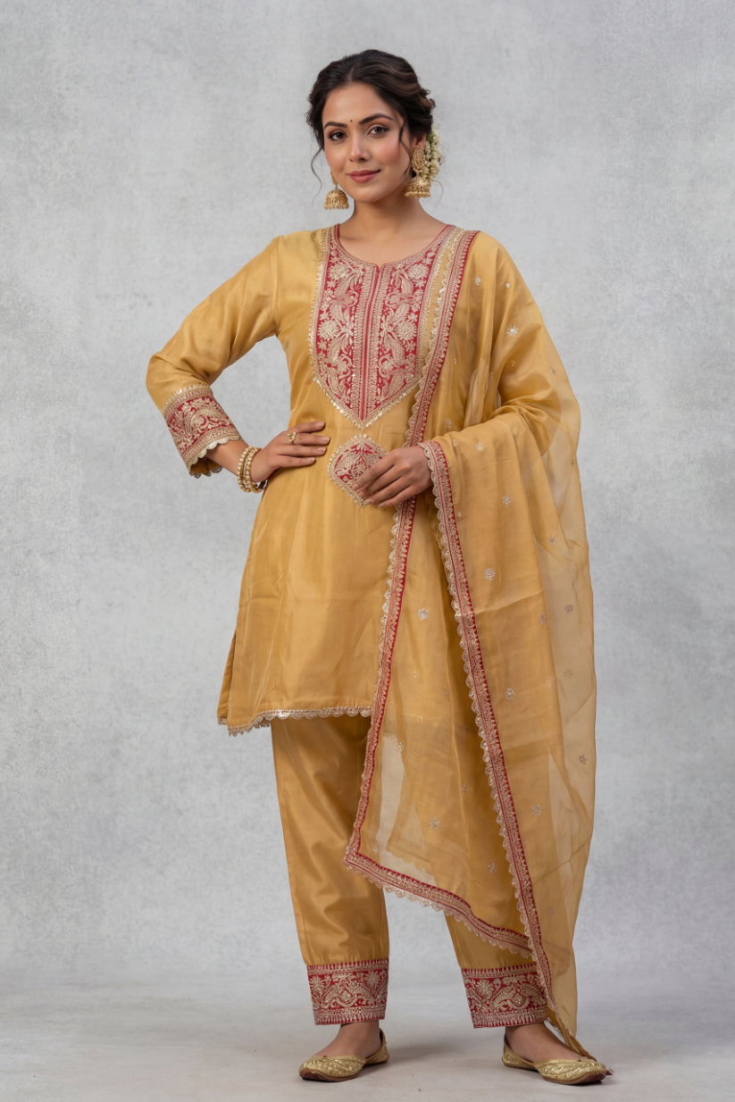 Full festive look of mustard kurta pant set with dupatta