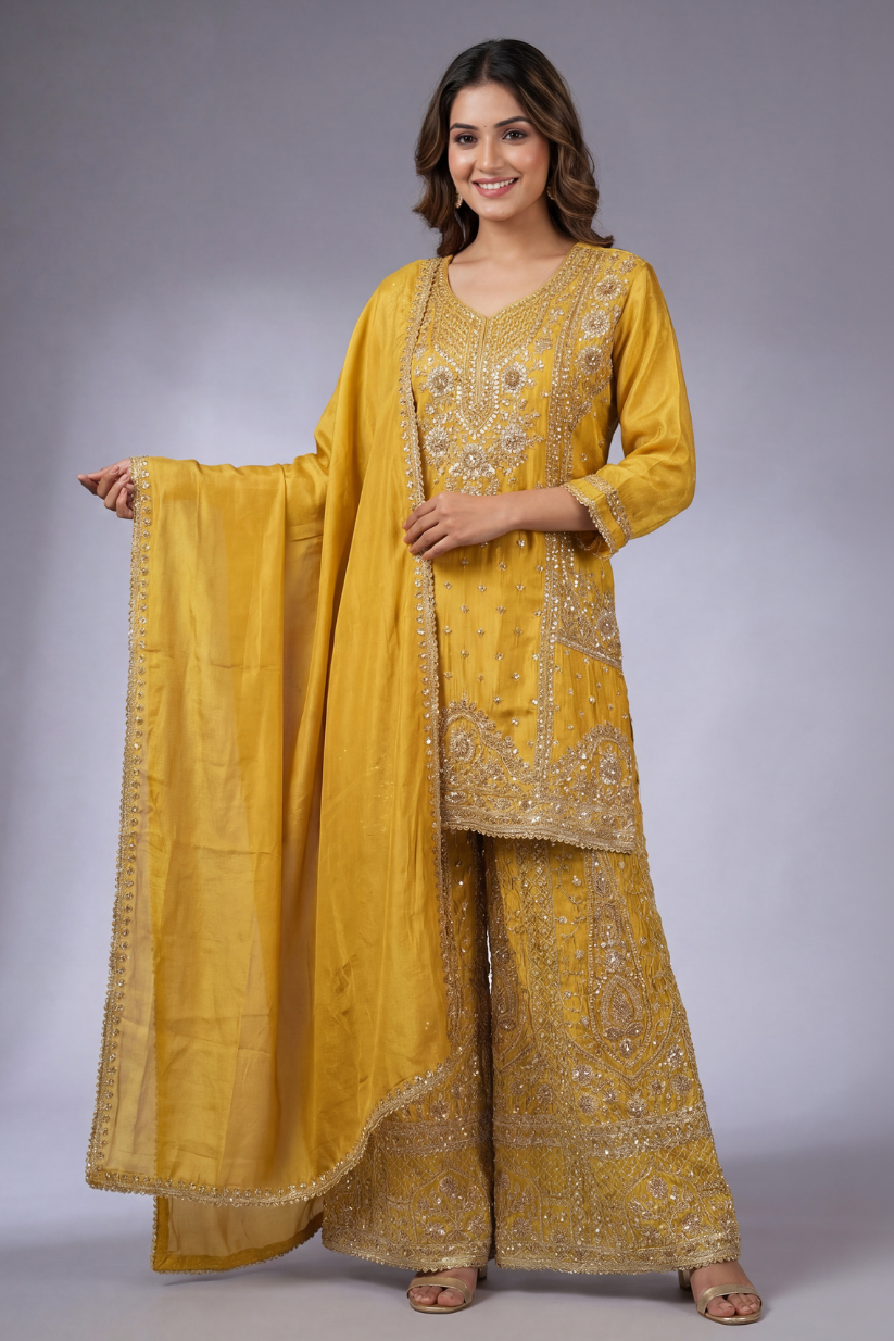 Festive look of women mustard yellow kurta sharara set with dupatta