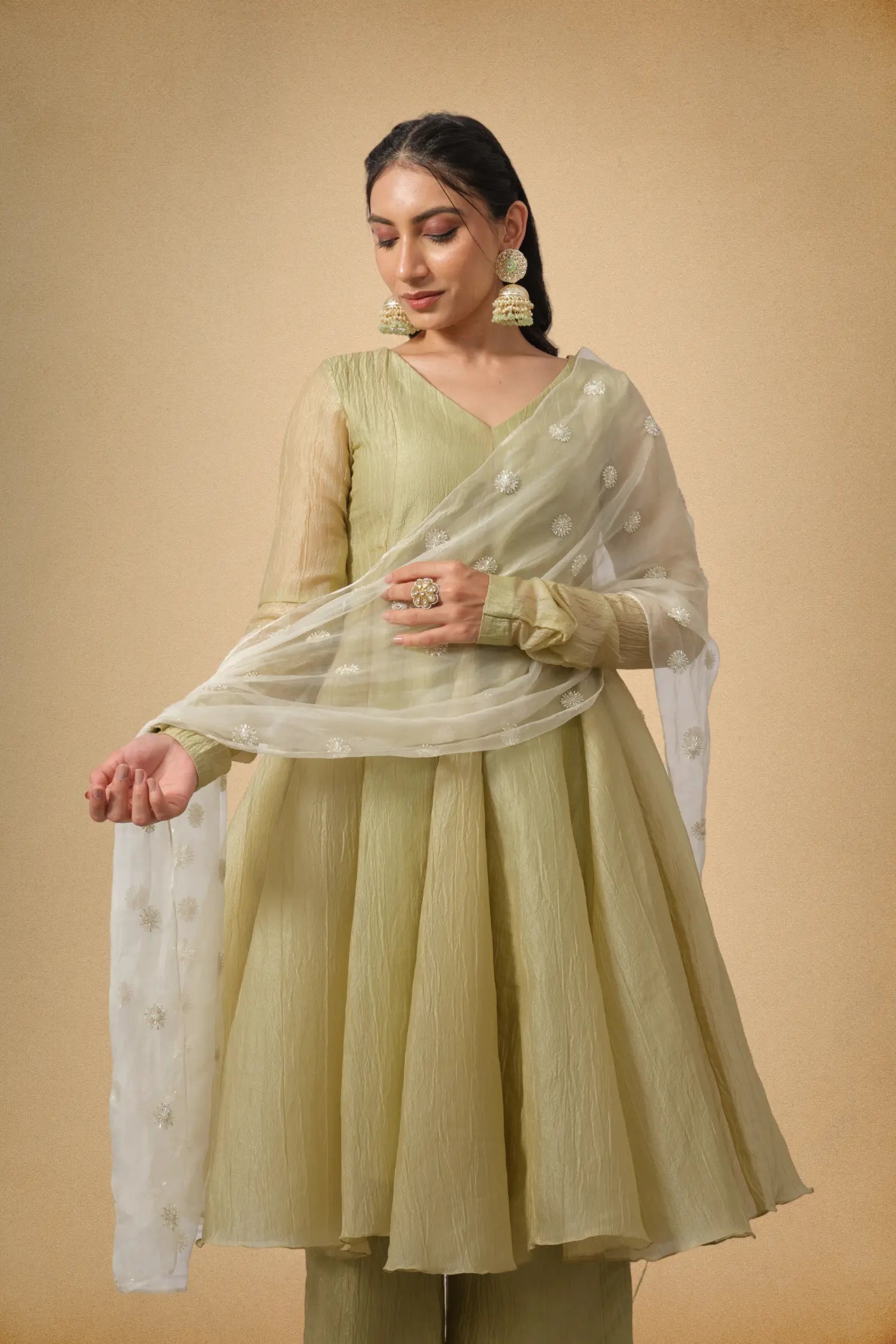 Festive olive green party wear suit set for women