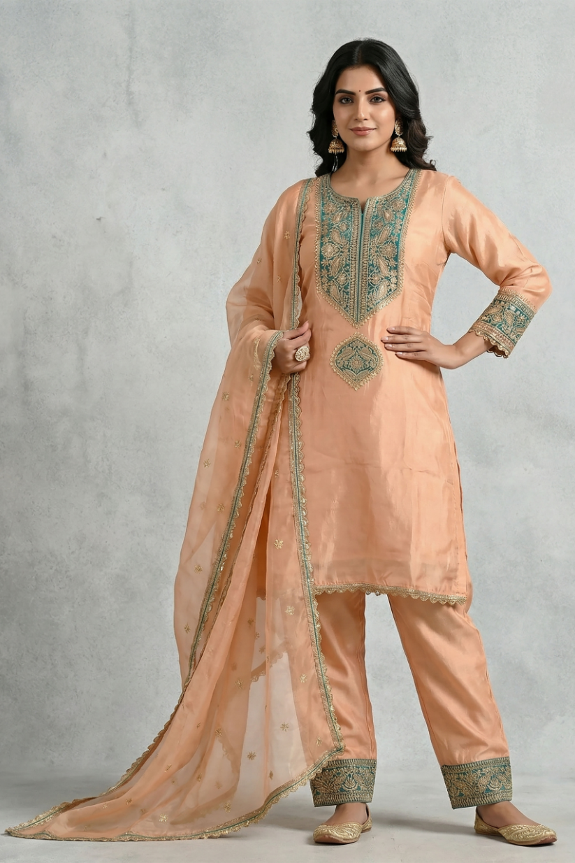 Full festive look of peach teal kurta pant set with dupatta