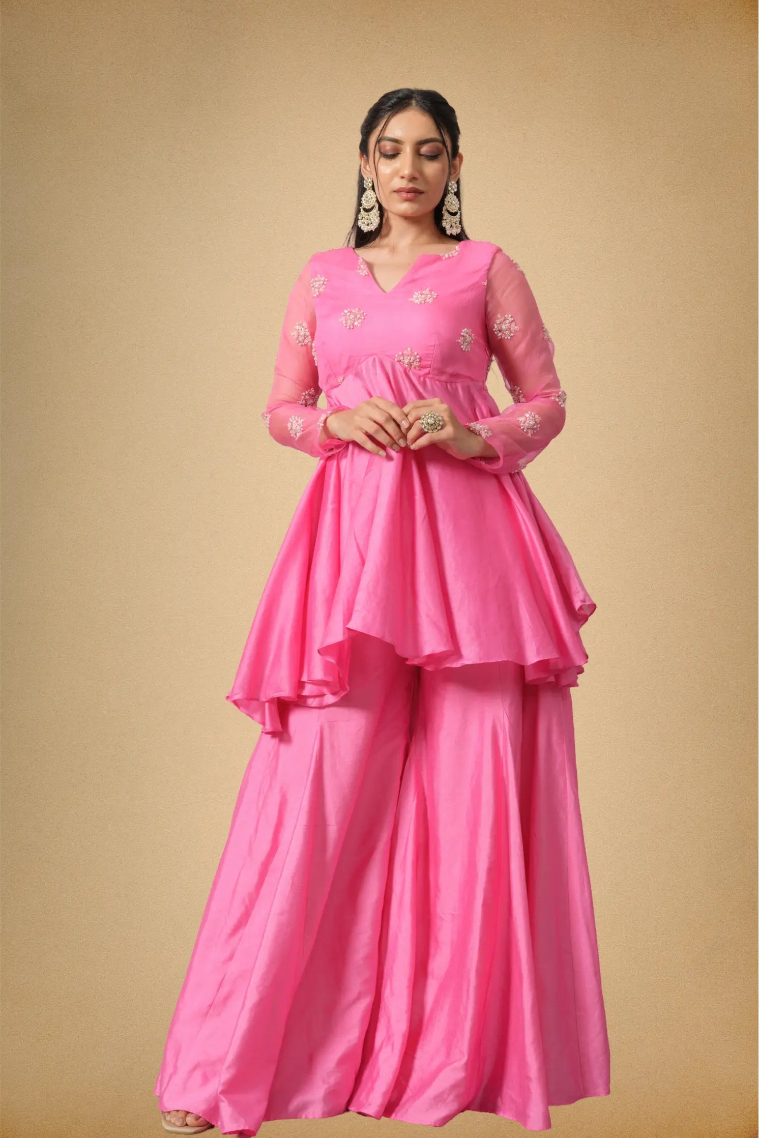 Festive styling of pink Chanderi sharara set for women