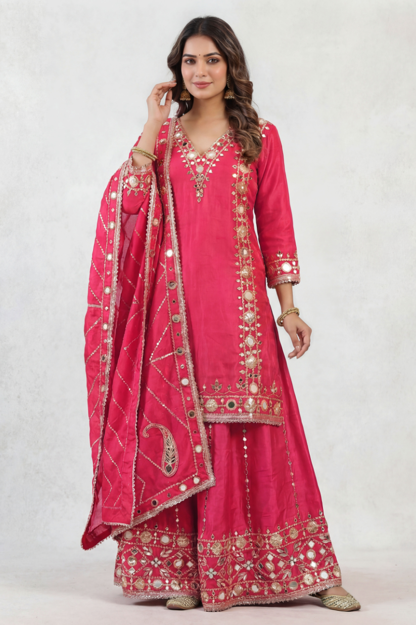 Full festive look of rani pink kurta sharara set with dupatta