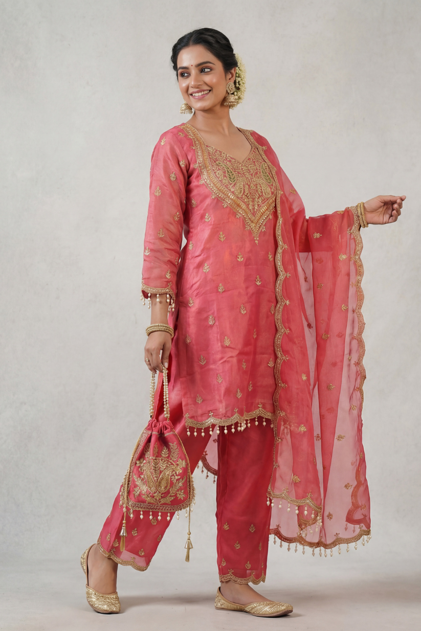 Full festive look of rose pink kurta pant set with dupatta