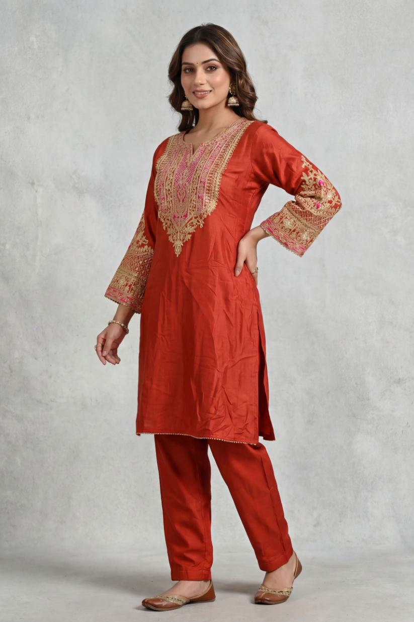 Full festive look of rust red embroidered co-ord set