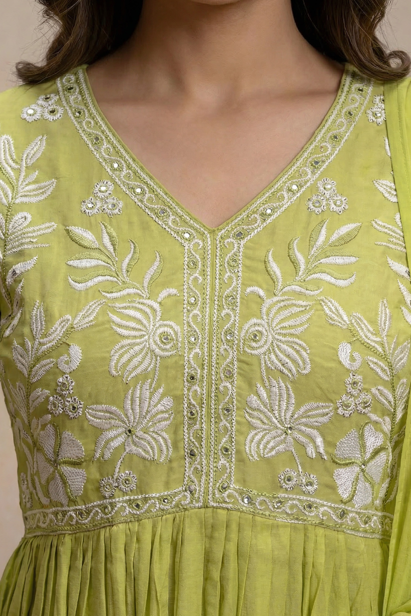 Fresh lime green embroidered Anarkali kurta set with dupatta and straight pants for women festive ethnic wear front view