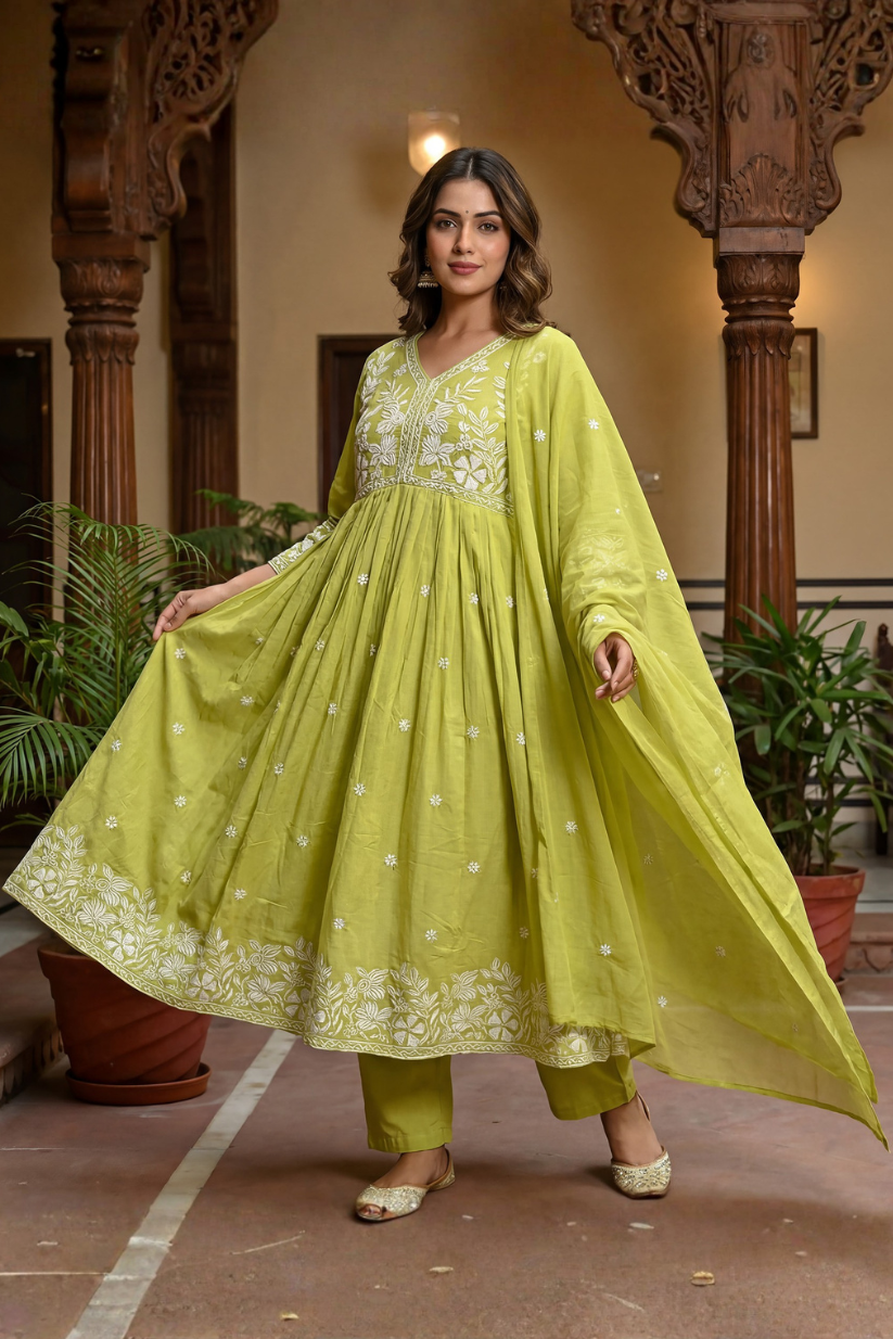 Fresh lime green embroidered Anarkali kurta set with dupatta and straight pants for women festive ethnic wear front view