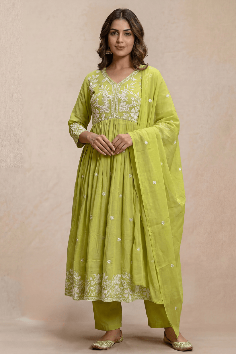 Fresh Lime Green Embroidered Anarkali Kurta Set with Dupatta - The House of Indu