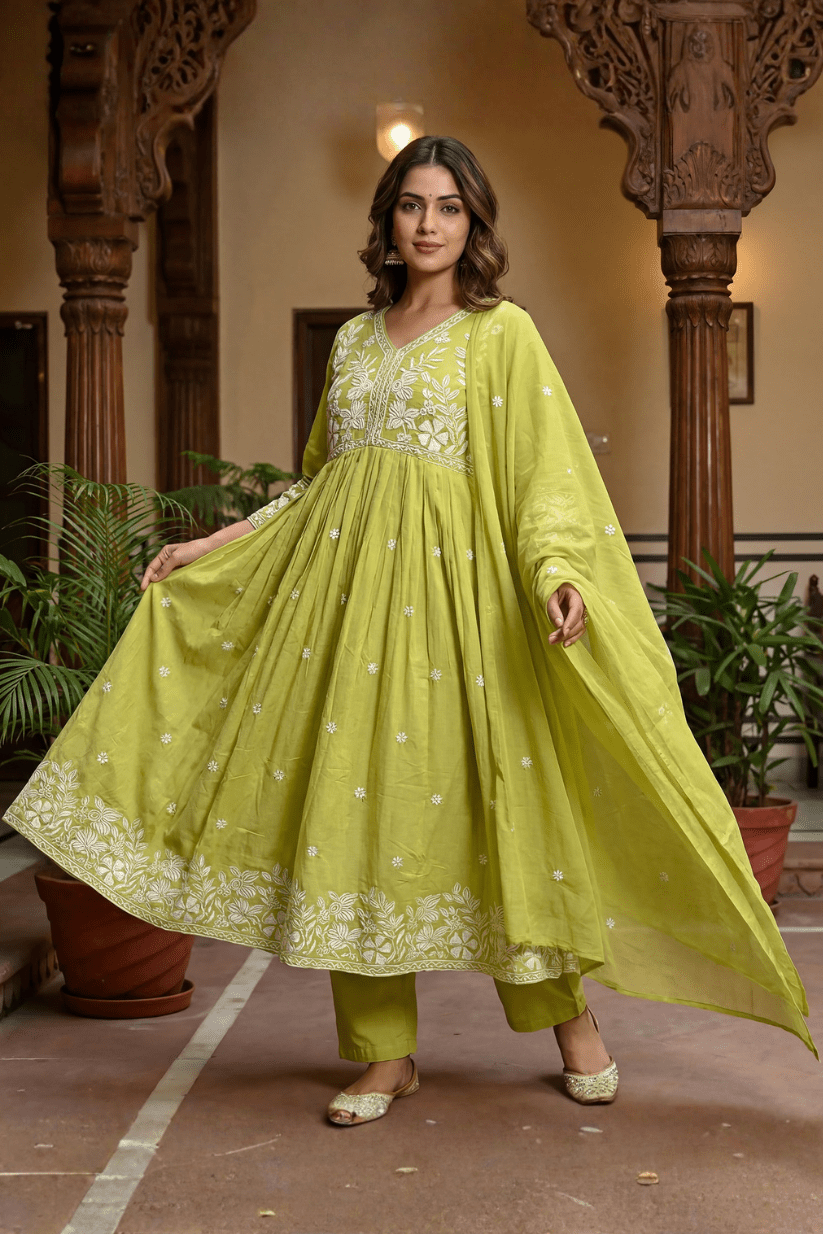 Fresh Lime Green Embroidered Anarkali Kurta Set with Dupatta - The House of Indu