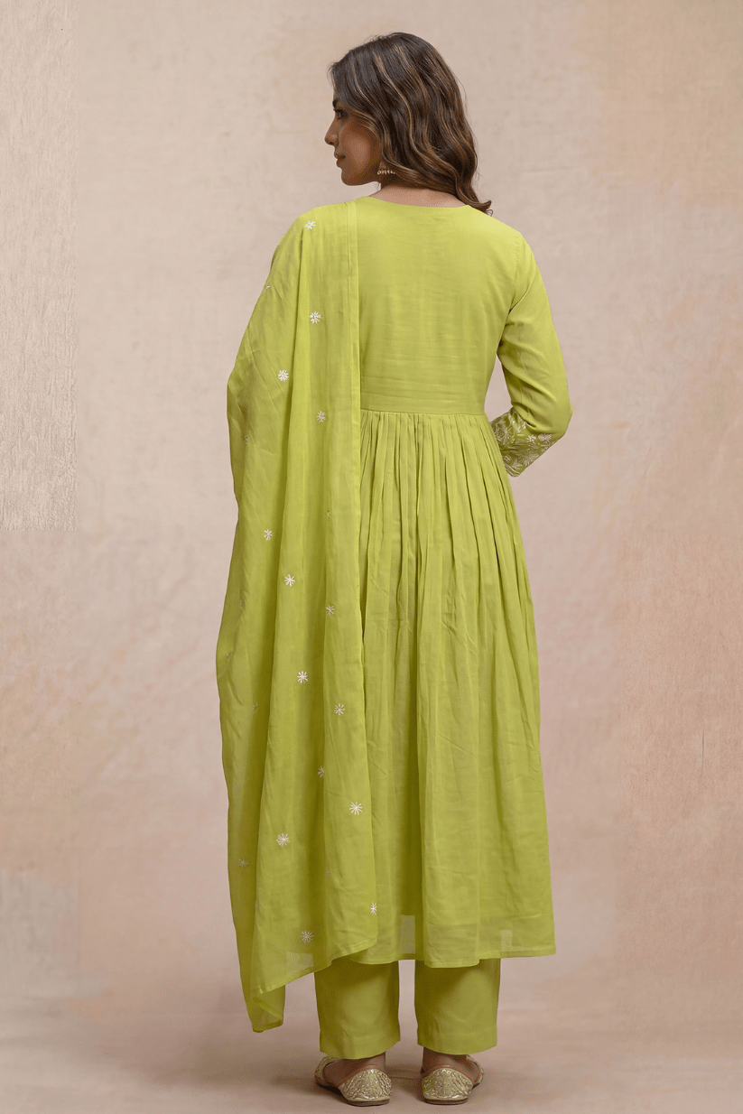Fresh Lime Green Embroidered Anarkali Kurta Set with Dupatta - The House of Indu