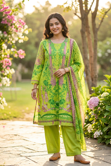 Green Floral Printed Cotton Suit Set for Women