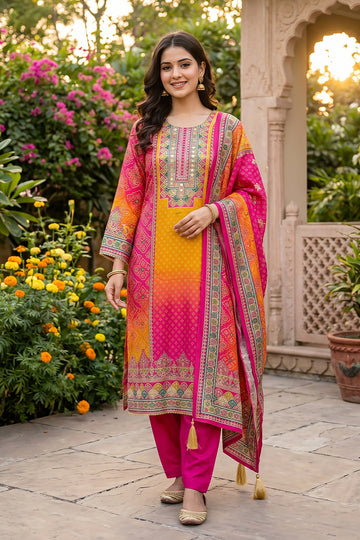Pink Multicolor Polyester Straight Kurta Set with Dupatta for Women
