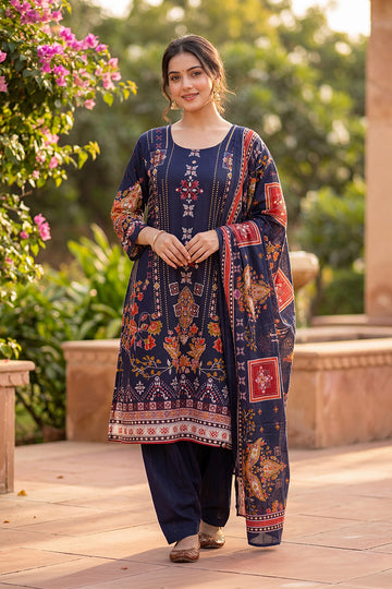 Navy Floral Printed Cotton Suit Set for Women