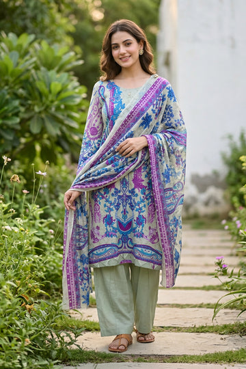 Grey Floral Printed Cotton Suit Set for Women