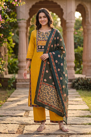 Mustard Yellow Floral Print Kurta Pant Dupatta Set for Women